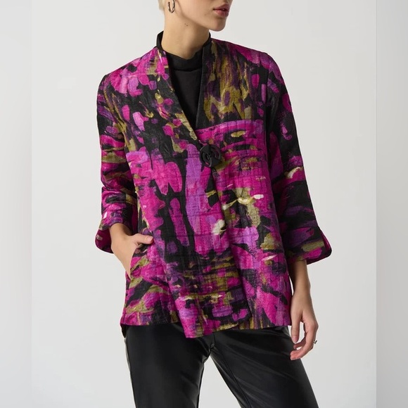Joseph Ribkoff Jacket 233192 Bright Abstract Print Trapeze Pink Black Tan 12 - Picture 1 of 13